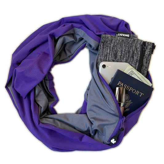 SHOLDIT Convertible Infinity Scarf with Pocket Purple Twist with items in pocket