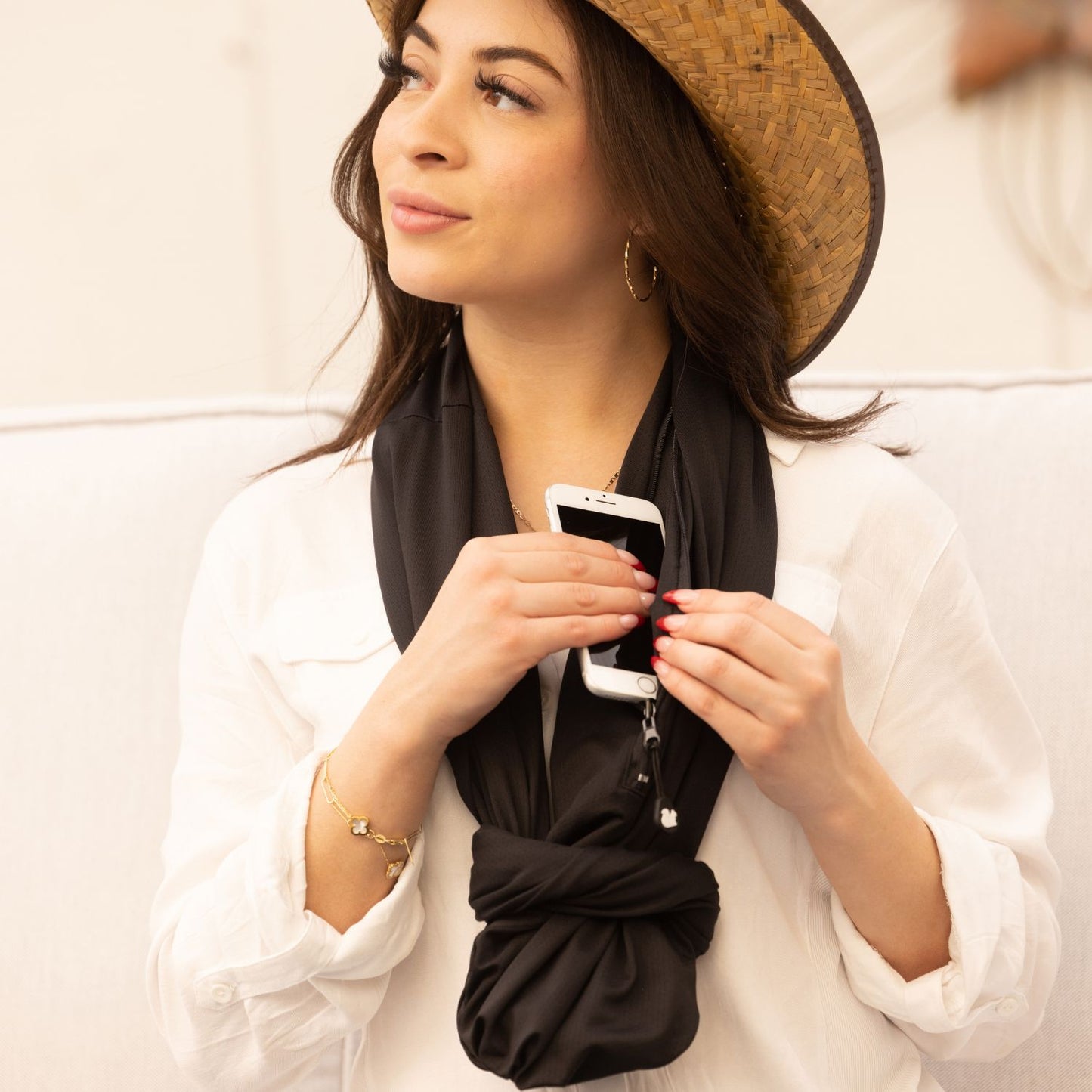 SHOLDIT Convertible Infinity Scarf with Pocket Black tied in knot