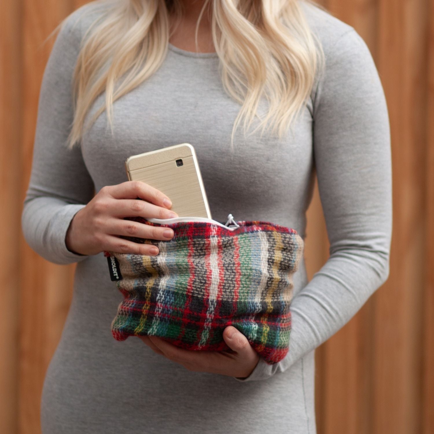 SHOLDIT Convertible Infinity Scarf with Pocket Plaid Aspen Gold  Clutch