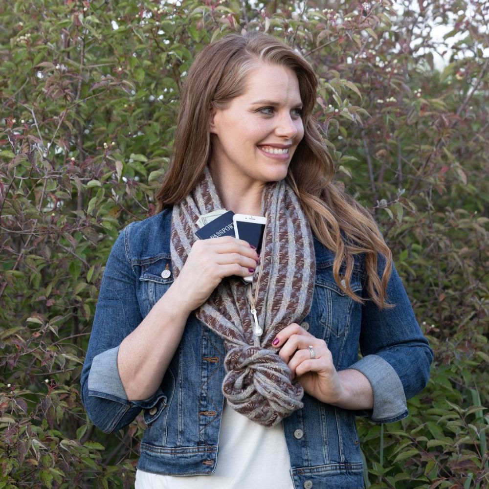 SHOLDIT® Convertible Infinity Scarf with Pocket Edenburgh Coffee tied with knot