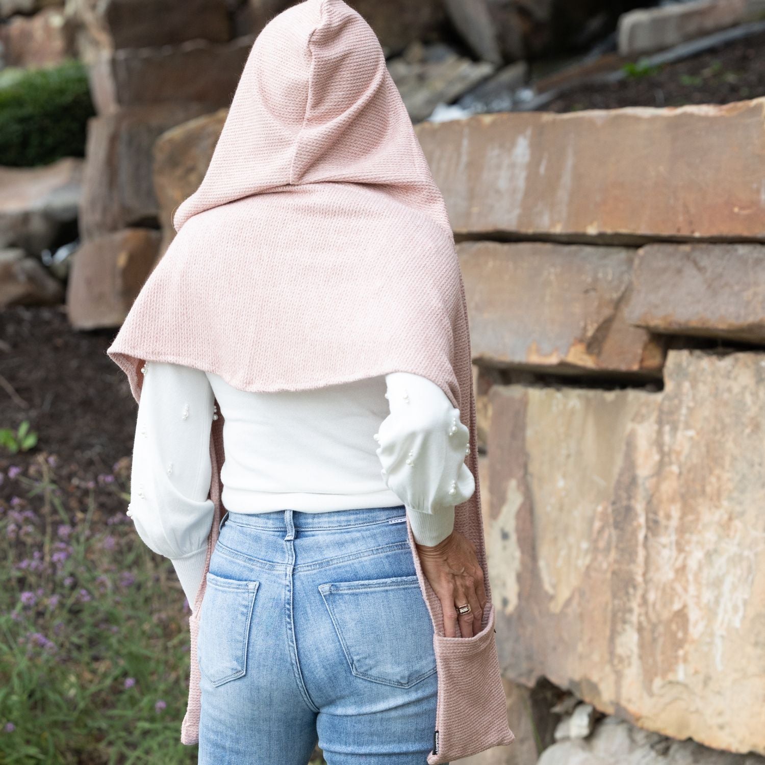 SHOLDIT® Multi-Pocket Hoodie Scarf™ Uptown Blush shown hood up
