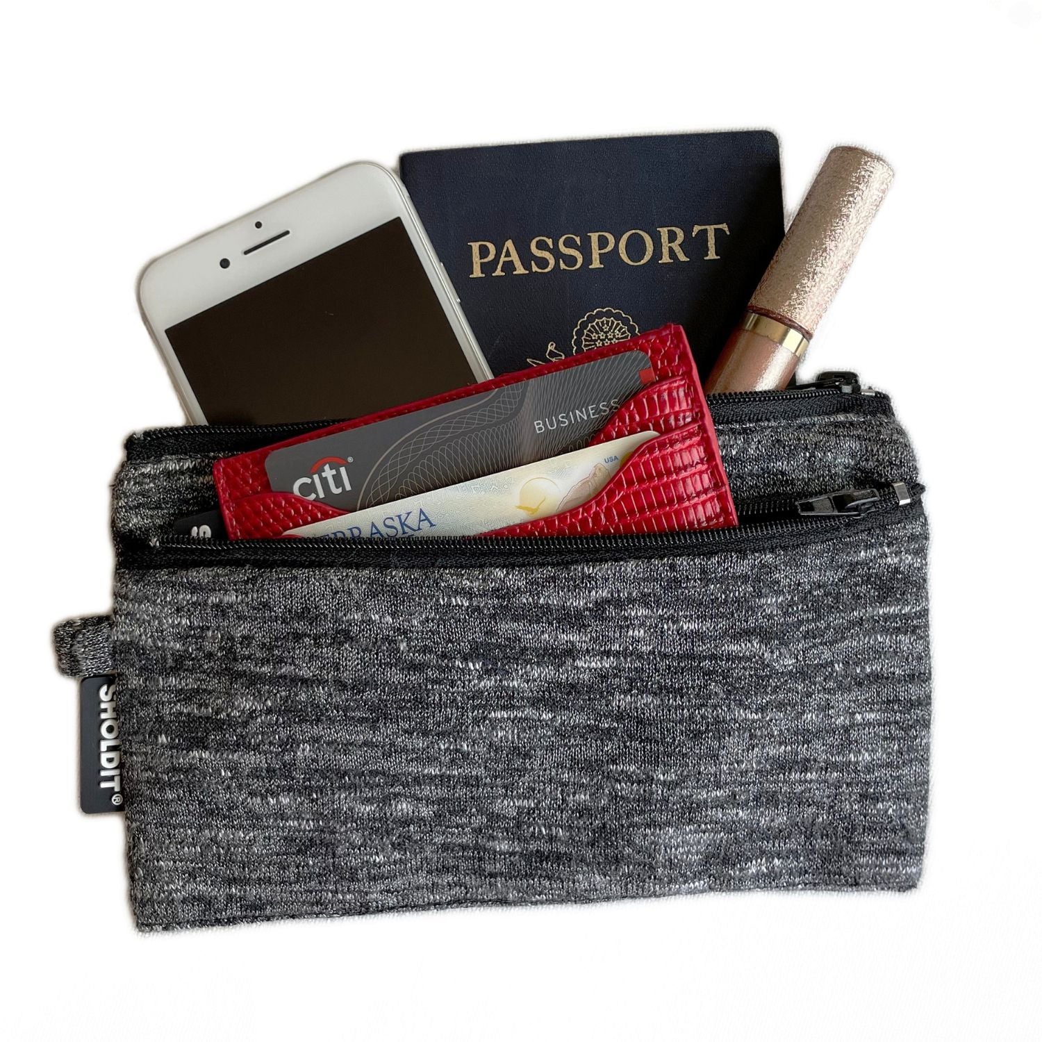  RFID wallet with wristlet with items in pockets
