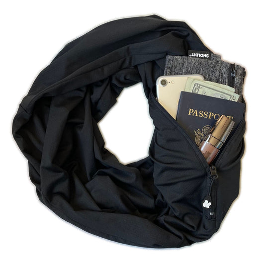 SHOLDIT Convertible Infinity Scarf with Pocket Black with items in pocket