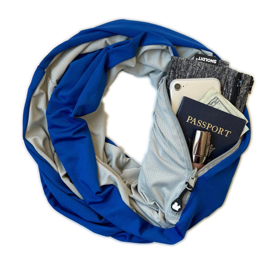 SHOLDIT Convertible Infinity Scarf with Pocket Blue Twist with items in pocket