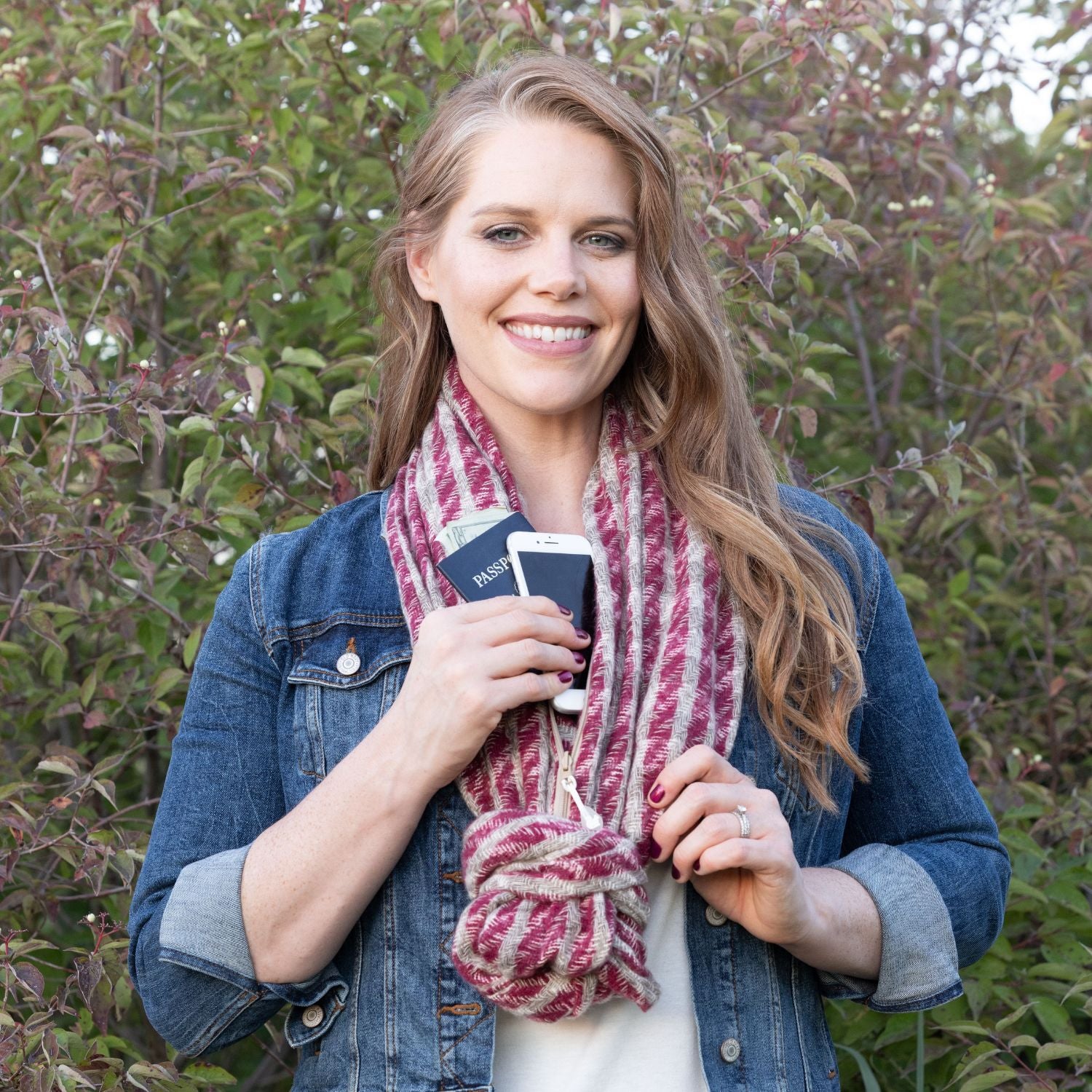SHOLDIT Convertible Infinity Scarf with Pocket Edenburgh Burgundy knot tied in end and phone in pocket