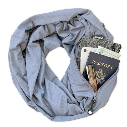 SHOLDIT Convertible Infinity Scarf with Pocket Grey with items in pocket