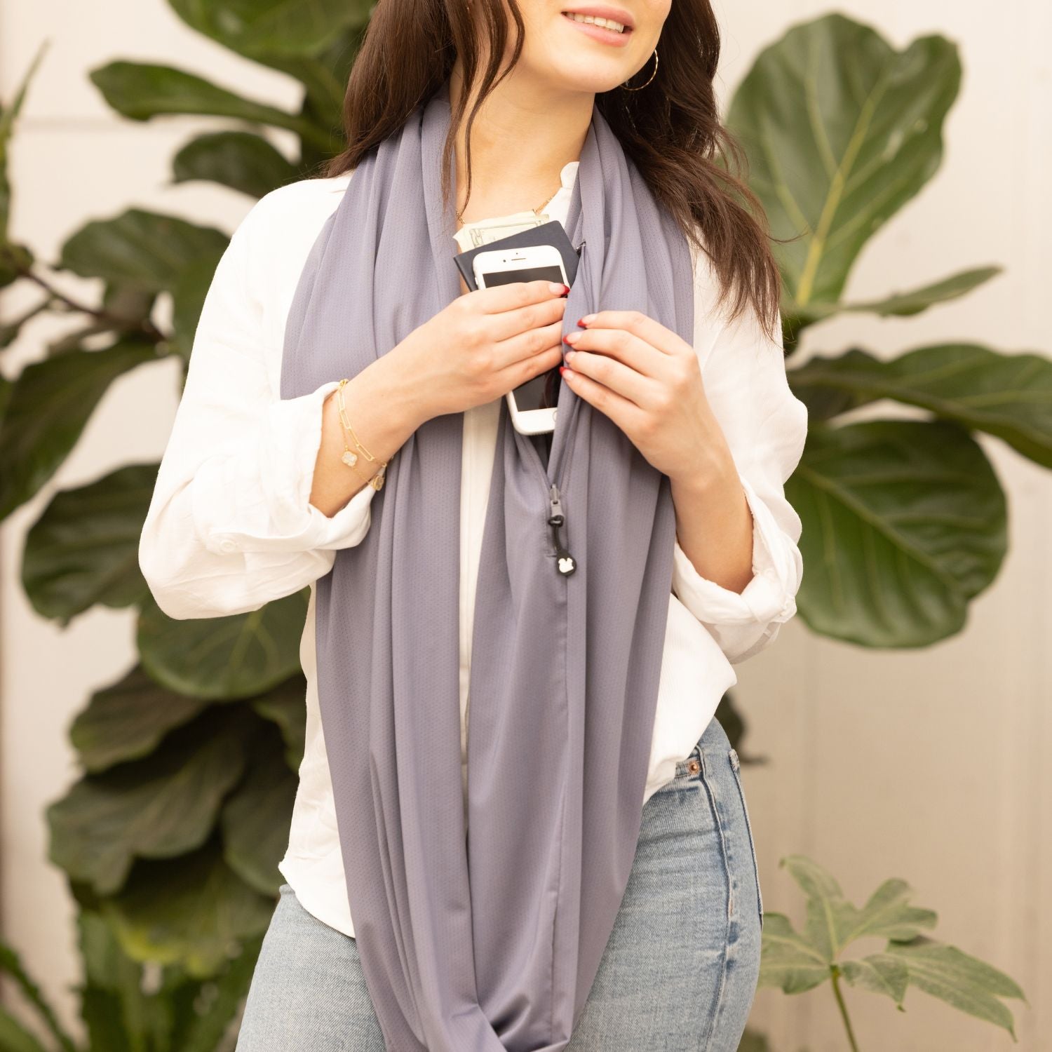 SHOLDIT Convertible Infinity Scarf with Pocket Grey with items in pocket shown long