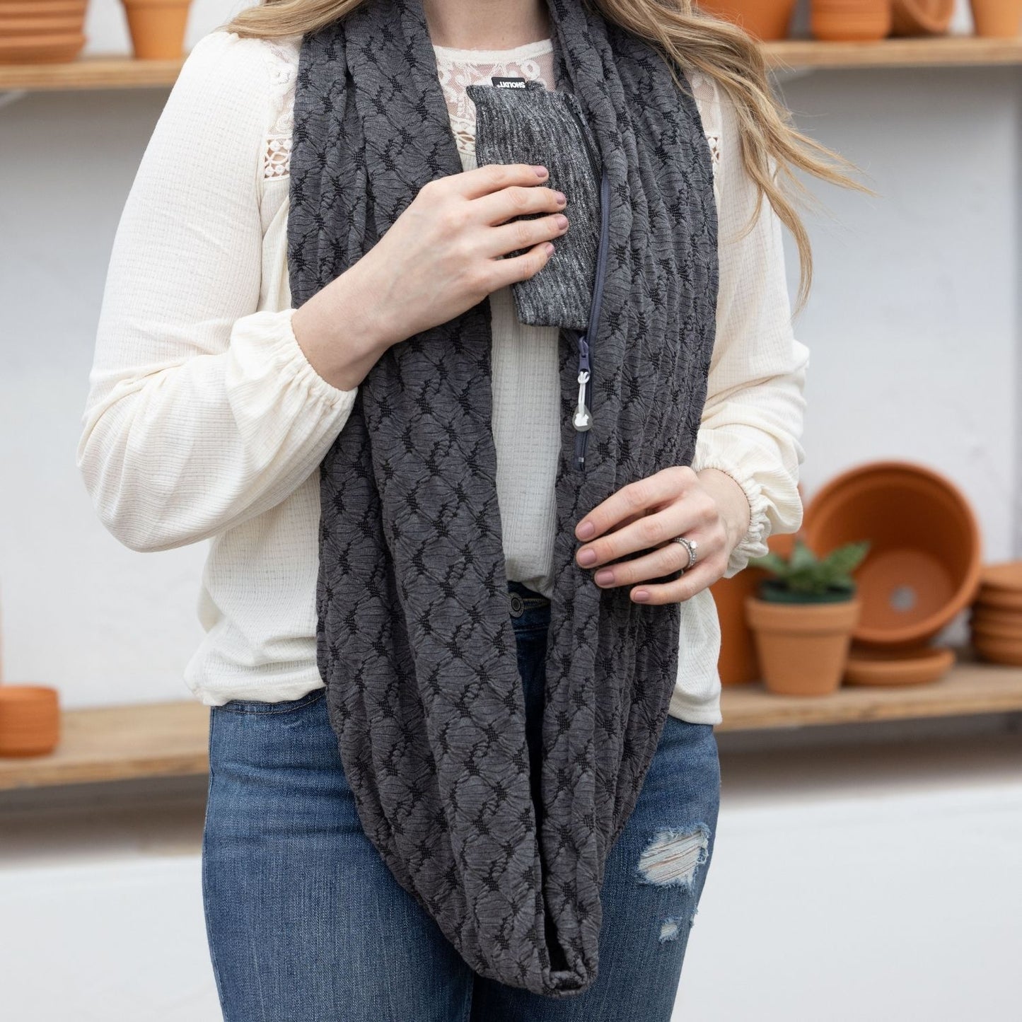 SHOLDIT Convertible Infinity Scarf with Pocket Mystic Grey shown long
