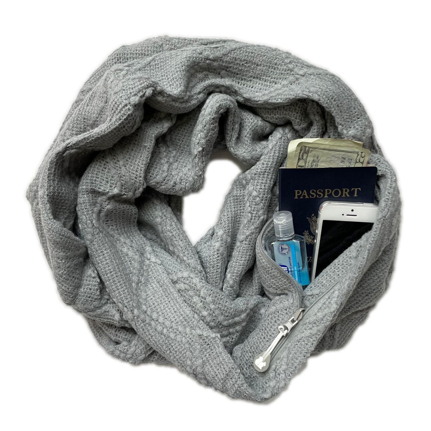 SHOLDIT® Convertible Infinity Scarf with Pocket Nordic Grey with items in pocket
