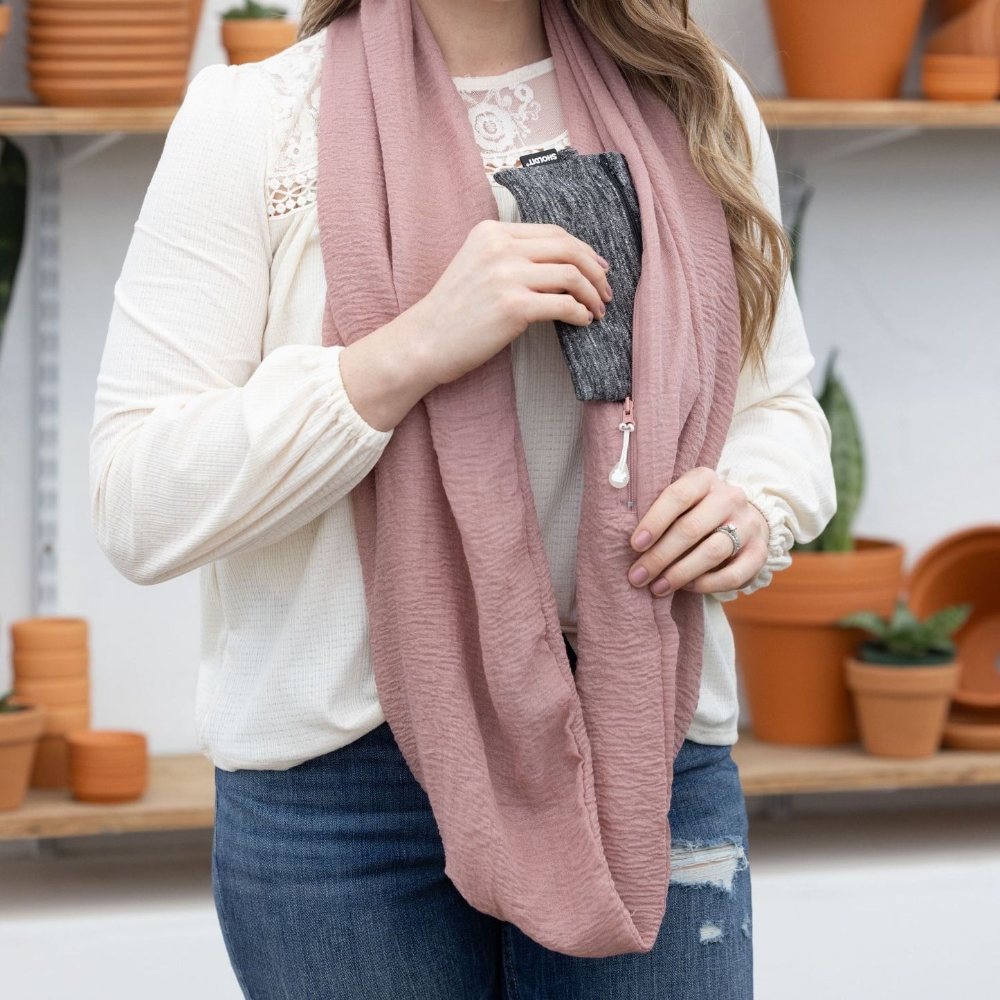 SHOLDIT Convertible Infinity Scarf with Pocket Peaceful Pink shown long