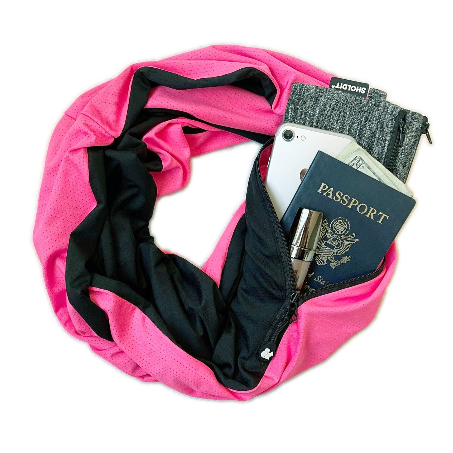 SHOLDIT Convertible Infinity Scarf with Pocket Pink Twist with items in pocket
