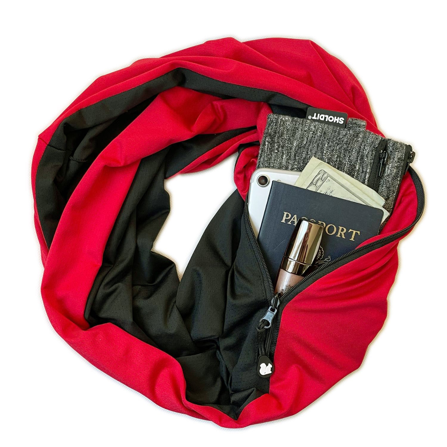 SHOLDIT Convertible Infinity Scarf with Pocket Red Twist with items in pocket