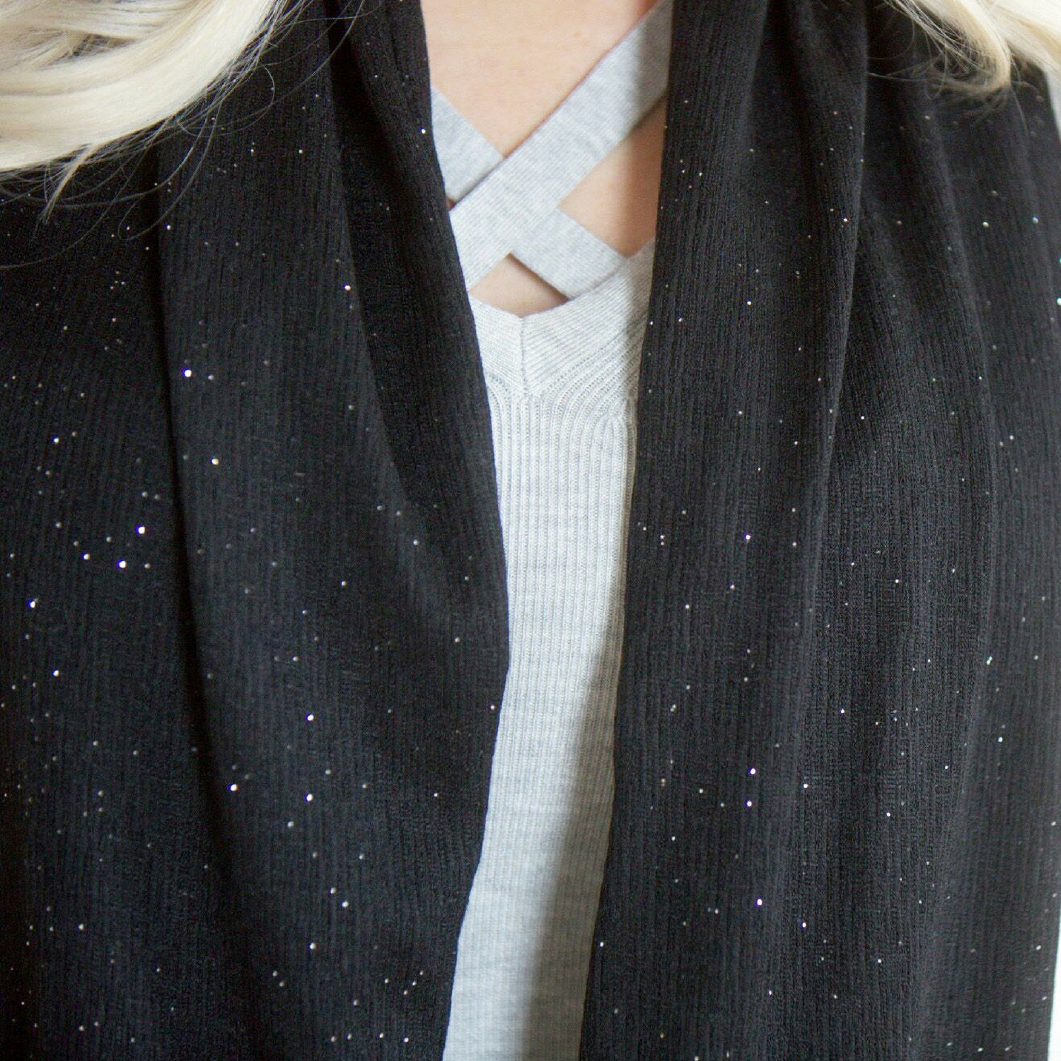 SHOLDIT Infinity Scarf with Pocket Shimmer Black Fabric Close Up